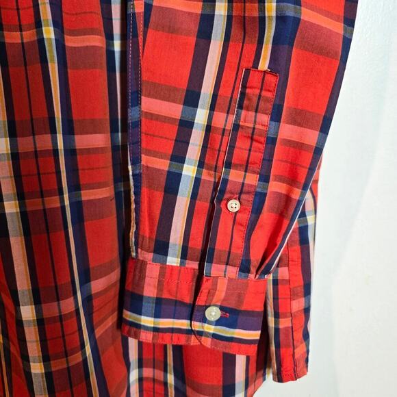 Chaps Button Down Plaid Shirt Orange Blue Long Sleeve Rustic Men's Sz Medium - Picture 6 of 8